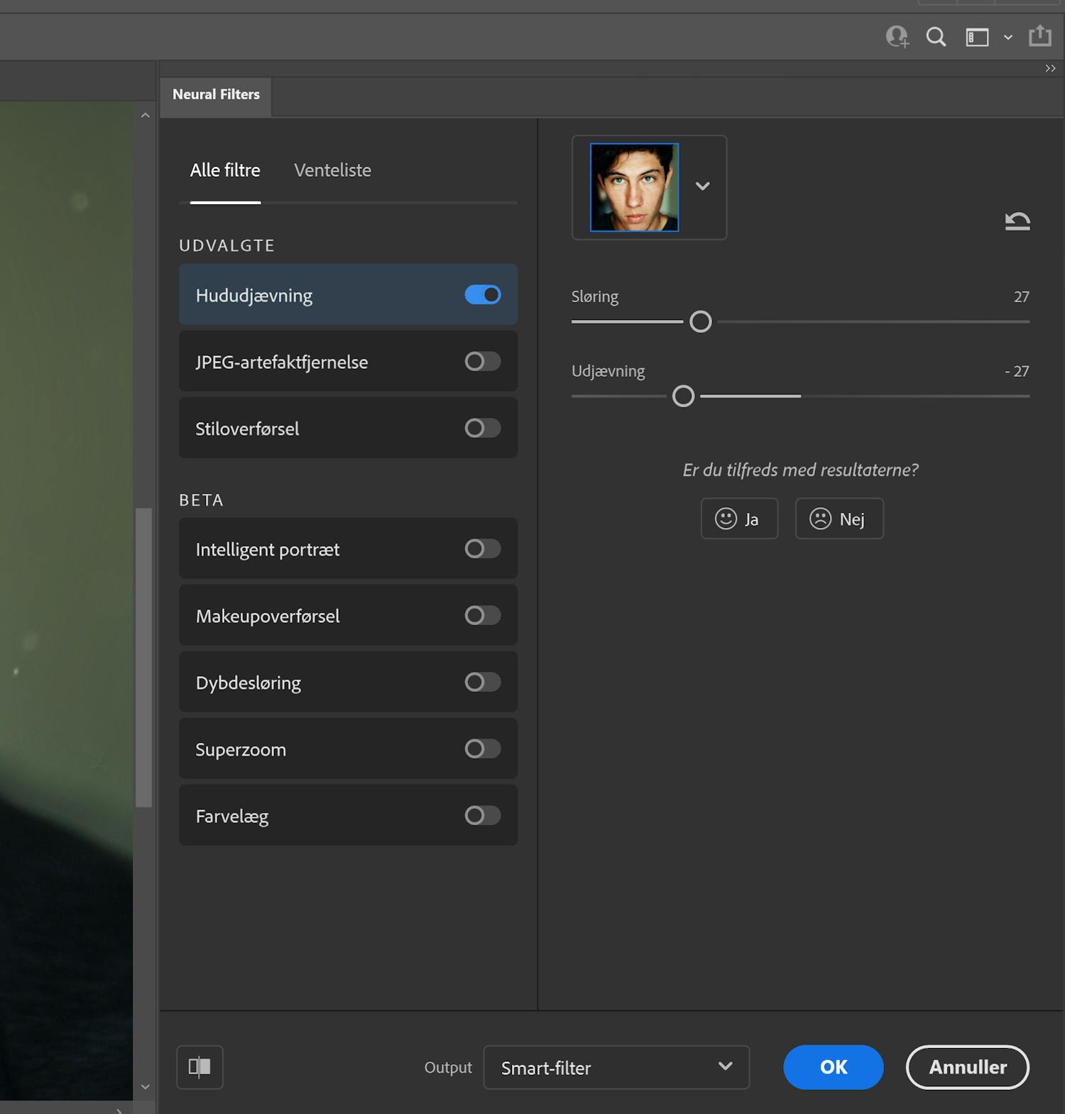 tryk ok naar du har justeret filteret aktivoi ihon tasoittamisen Photoshopissa